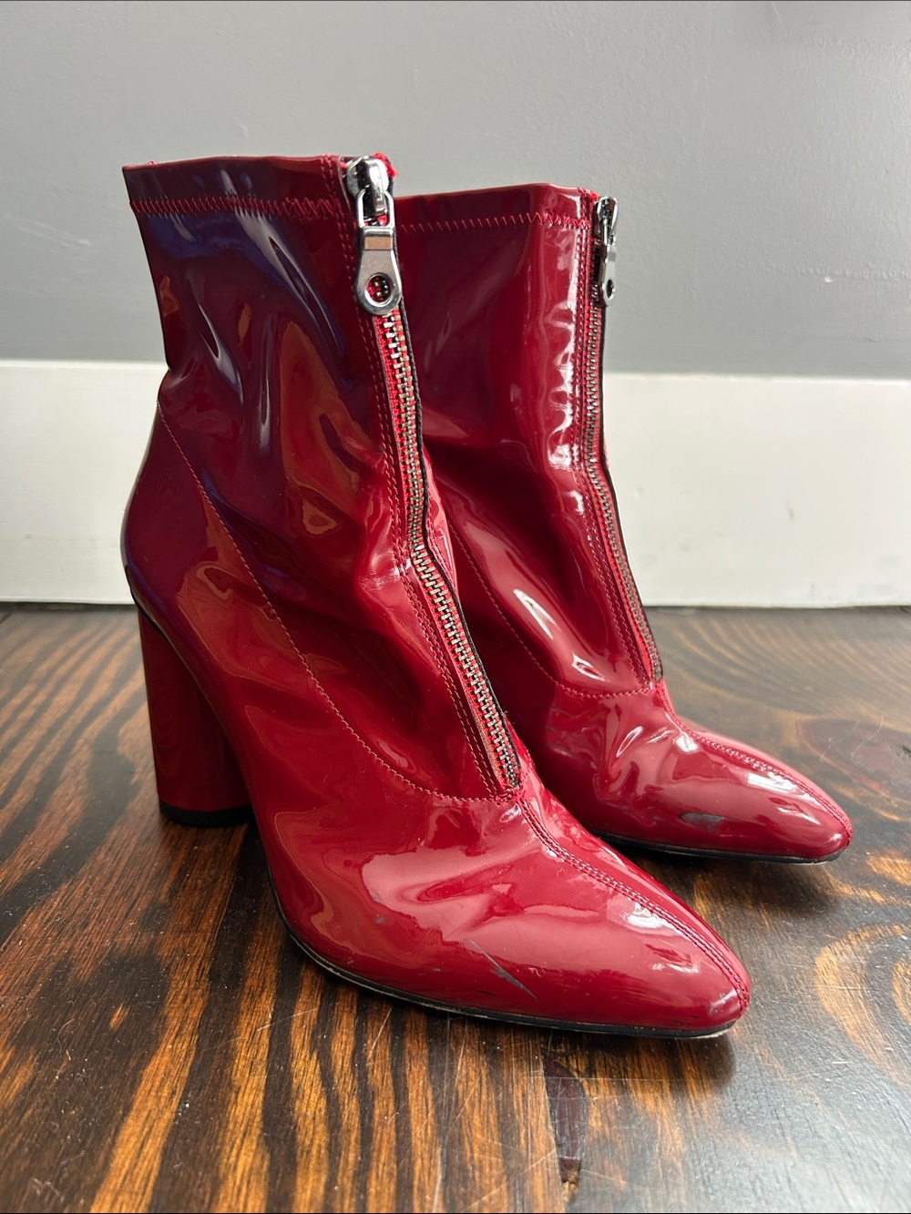 Zara Red Patent Mid-Calf Zip Heel Boots